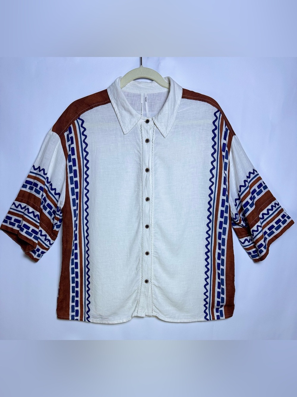 Anthropologie Linen Blend Button Down Oversized Geometric Print Small